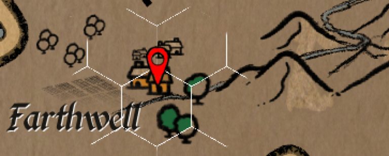 Close-up of a hand-drawn hex map showing the village of Farthwell with a red location pin. Vintage parchment style with white hex grid overlay, small buildings, trees, and distant mountains.