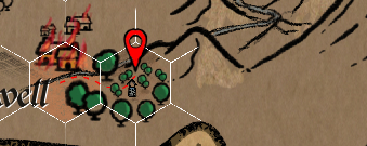 Close-up of the hand-drawn hex map showing the village of Farthwell marked with a red location pin. Vintage parchment style with white hex grid, small buildings, and green trees.