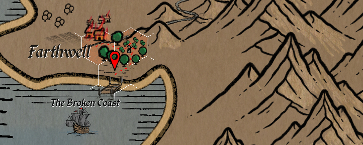 Close-up of the hand-drawn hex map showing the village of Farthwell with a red location pin and signs of fire and destruction. The Broken Coast is labeled below with a small sailing ship icon on the water. Vintage parchment style with white hex grid.