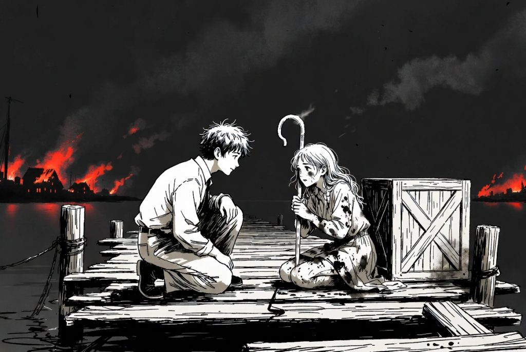 Young Finnley kneels on a wooden dock facing a young girl holding a staff. In the background, their village burns fiercely at night with thick black smoke and red flames reflecting on the water. Dramatic black and white illustration with red accents.