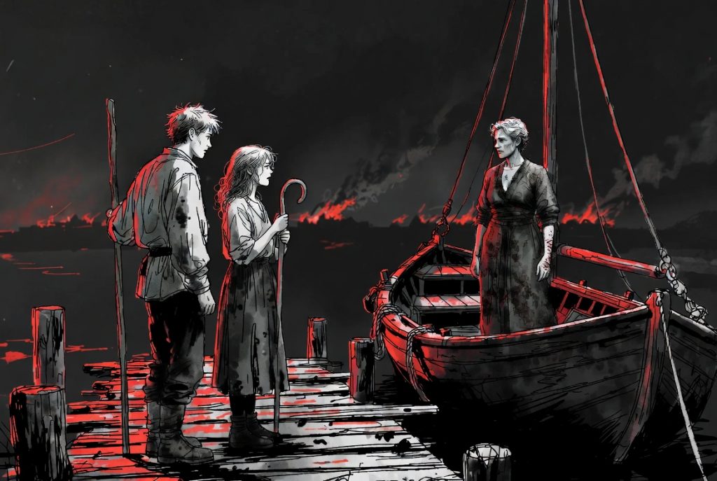 Three survivors stand on a wooden dock at night: young Finnley holding his staff, Lila with her curved walking stick, and Captain Salt beside a small sailing boat. In the background, their village burns fiercely with red flames and thick black smoke.