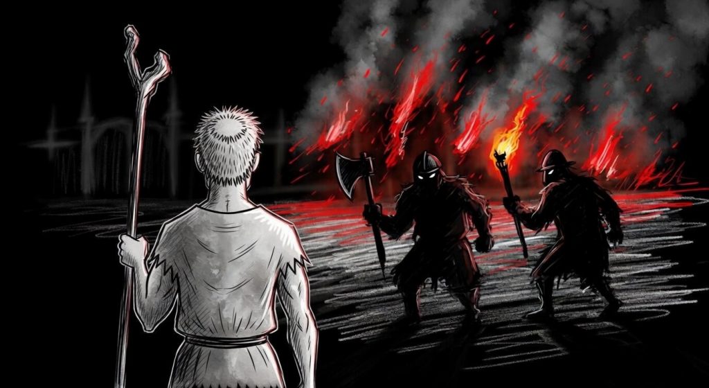 Back view of young farmer Finnley holding his oak staff, standing before a burning village at night. Two armored raiders with torches and an axe stand in the foreground amid raging flames and smoke. Dramatic black and white illustration with red fire accents.