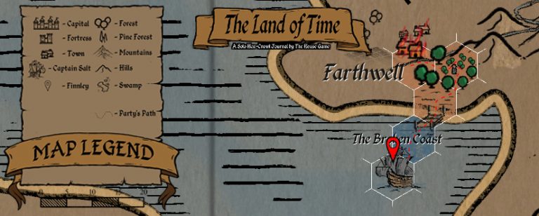 Hand-drawn hex map of The Land of Time showing the burned village of Farthwell and The Broken Coast. A red pin marks the party's current location near a sailing ship icon. Full map legend on the left with symbols for towns, forests, mountains, and party members.