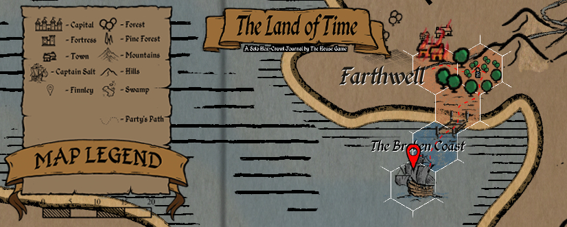 Hand-drawn hex map of The Land of Time showing the burned village of Farthwell and The Broken Coast. A red pin marks the party's current location near a sailing ship icon. Full map legend on the left with symbols for towns, forests, mountains, and party members.