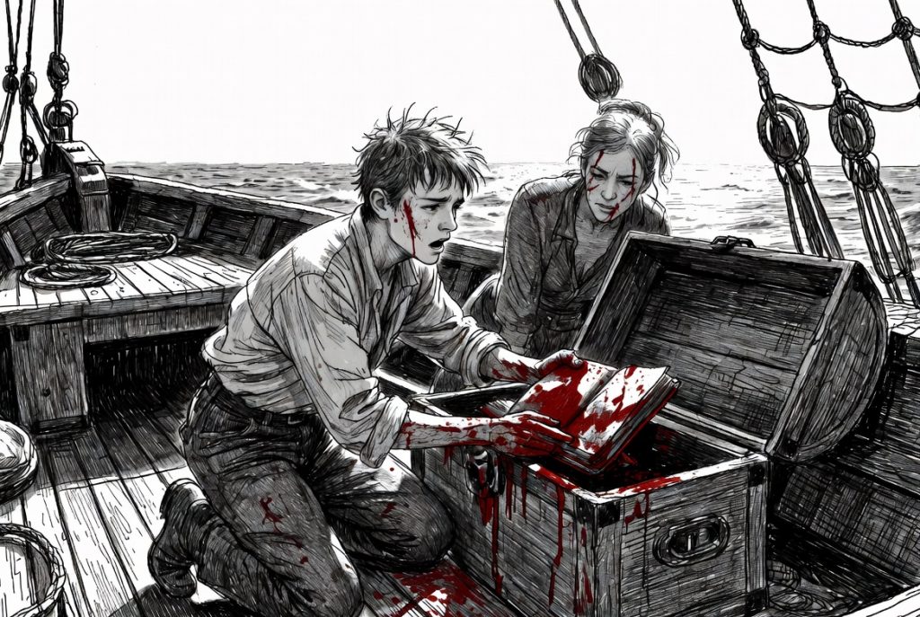 Black and white illustration with red accents showing Finnley and a woman kneeling on a ship deck, opening a blood-stained wooden chest. Blood covers their hands and the open book inside. Dramatic sea voyage scene from The Land of Time.