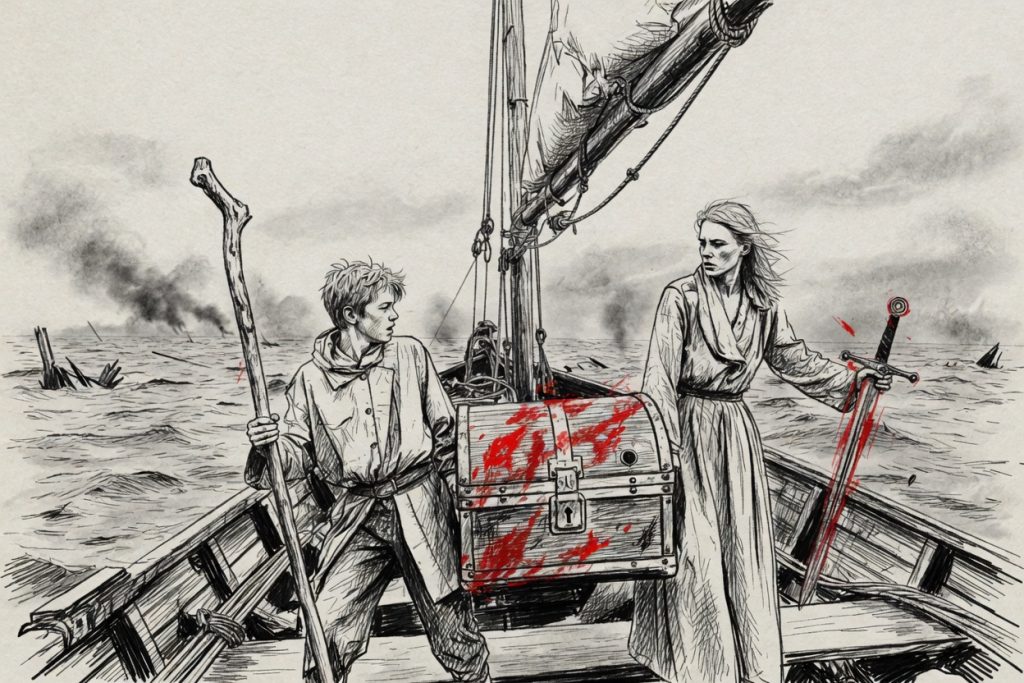 Finnley and Captain Salt stand on the deck of a small sailing boat. A blood-stained chest sits between them as Captain Salt holds a sword. The sea is rough and smoke rises in the background. Dramatic black and white illustration with red accents.