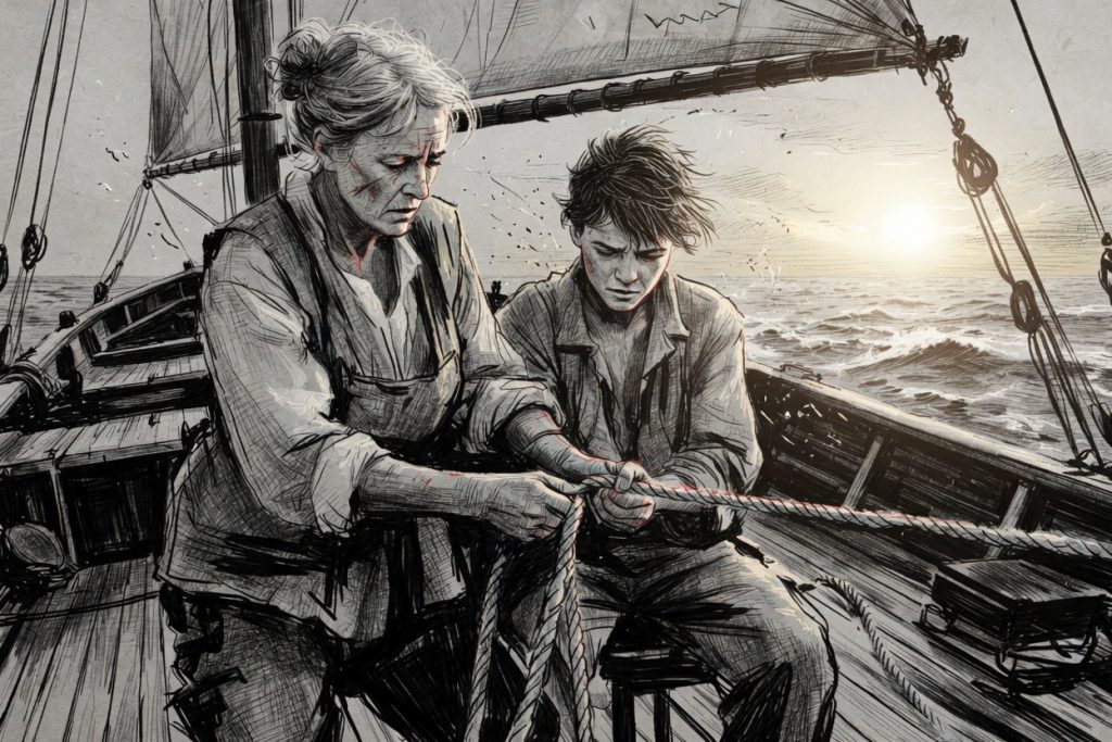 Captain Salt, a weathered older woman, teaches young Finnley how to tie a sturdy knot on the deck of a small sailing boat at dawn. The sea is choppy and the sky is glowing with the rising sun. Black and white illustration with red accents.