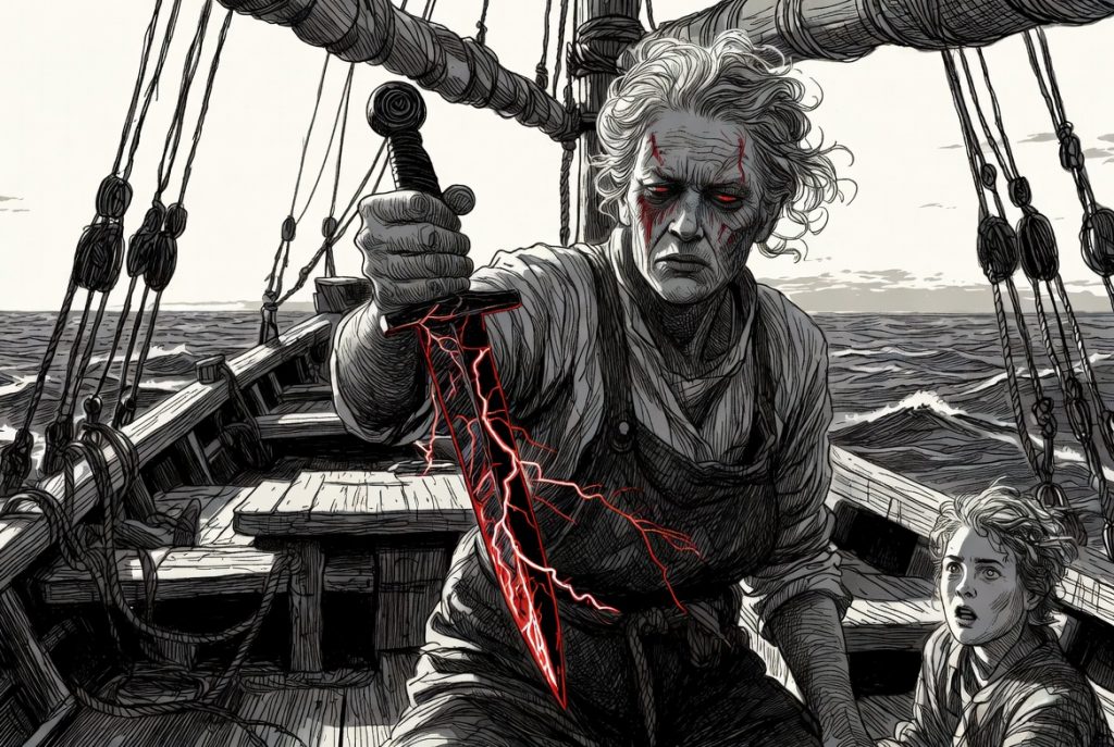 Captain Salt stands fiercely on the ship deck holding a glowing red obsidian dagger crackling with energy. Finnley looks up in shock beside her. Dramatic black and white illustration with intense red accents from The Land of Time.
