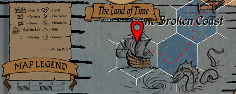 Hex map header for Session 5 of The Land of Time showing the party’s ship on The Broken Coast. A red pin marks their current location near a sea serpent in stormy waters. Full map legend on the left.