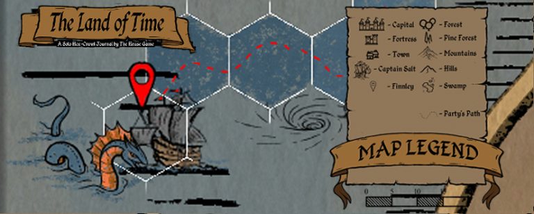 Hex map header for Session 6 of The Land of Time. The party's ship is marked with a red pin near Razor Reef and a sea serpent in stormy waters. Red dotted line shows their path through dangerous seas. Full map legend on the right.