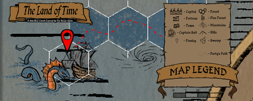 Hex map header for Session 6 of The Land of Time. The party's ship is marked with a red pin near Razor Reef and a sea serpent in stormy waters. Red dotted line shows their path through dangerous seas. Full map legend on the right.
