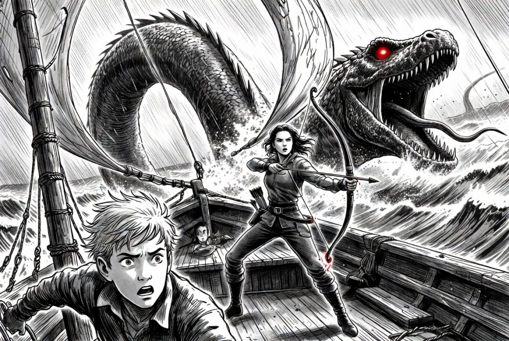 Captain Salt stands fiercely on the ship's deck aiming her bow at a massive sea serpent with glowing red eyes during a violent storm. Young Finnley looks on in terror from the foreground. Dramatic black and white illustration with red accents from The Land of Time.