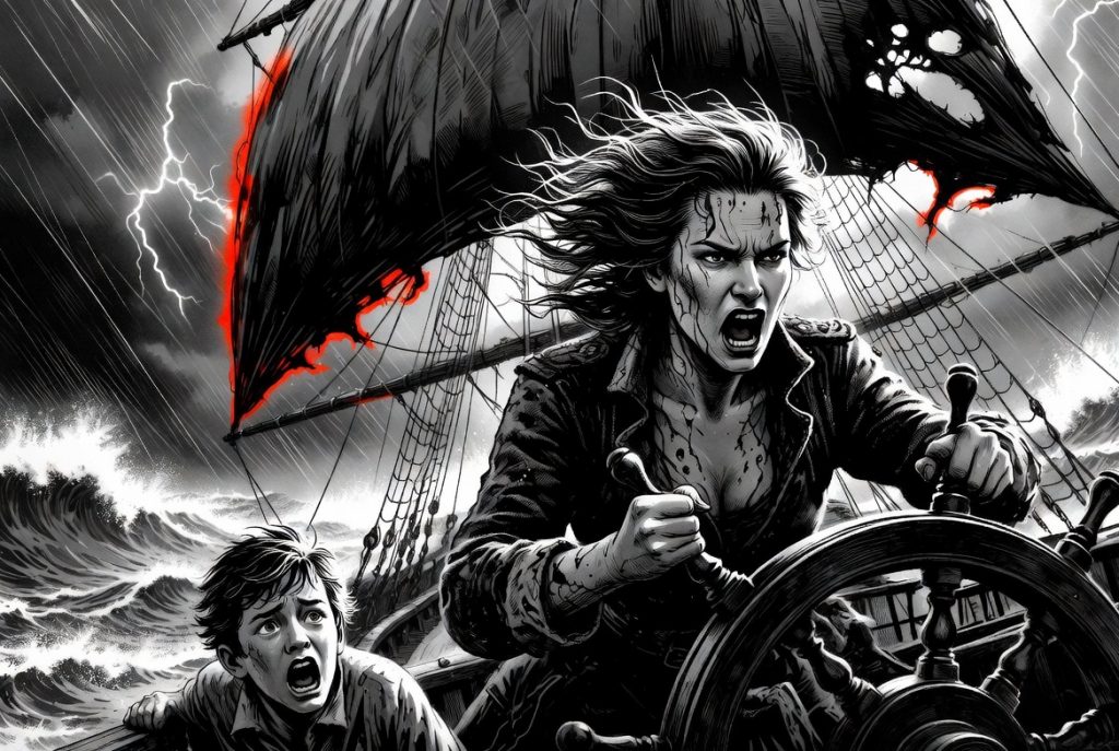 Captain Salt fiercely gripping the ship's wheel during a violent storm, her face determined and streaked with rain. Young Finnley clings to the railing in terror. The sail is torn with red accents as lightning flashes and massive waves crash around the ship. Dramatic black and white illustration with red highlights from The Land of Time.