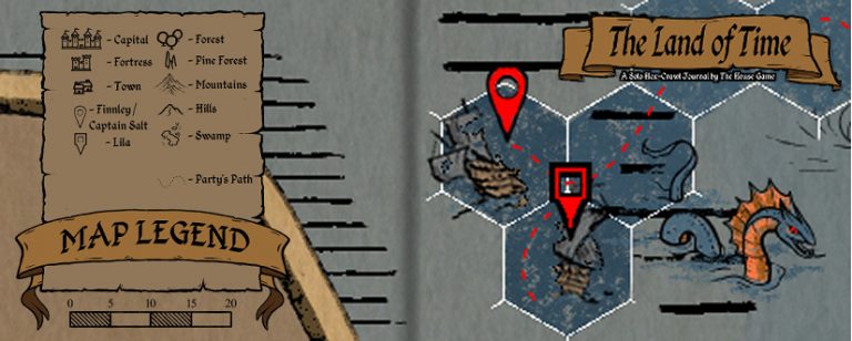 Hex map header for Session 7 of The Land of Time. The party's ship is wrecked near Razor Reef with a red location pin. A large sea serpent swims nearby in stormy waters. Full map legend on the left.