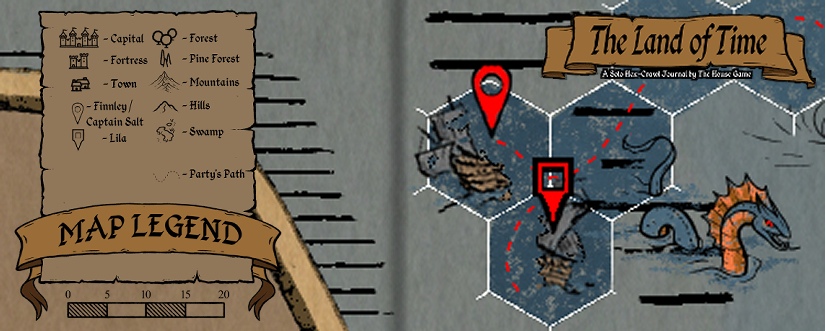 Hex map header for Session 7 of The Land of Time. The party's ship is wrecked near Razor Reef with a red location pin. A large sea serpent swims nearby in stormy waters. Full map legend on the left.
