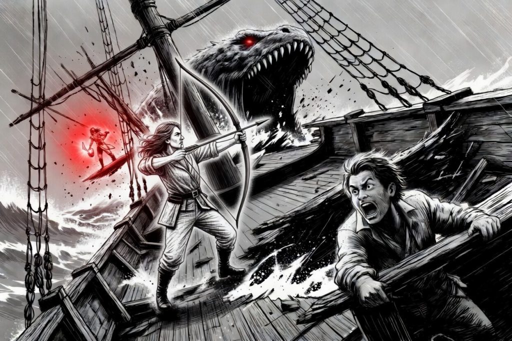Captain Salt stands on the storm-battered ship aiming her bow at a massive sea serpent with glowing red eyes. Finnley clings to the railing in terror while a glowing red figure appears in the background. Dramatic black and white illustration with red accents from The Land of Time.