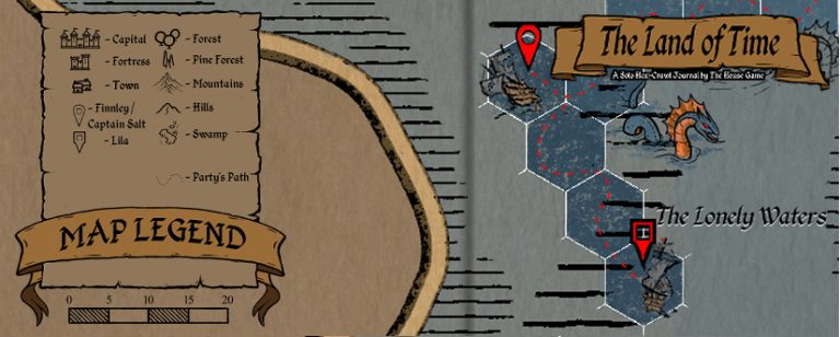 Hex map header for Session 8 of The Land of Time. Lila's location is marked with a red pin in The Lonely Waters near Razor Reef and a sea serpent. Red dotted line shows her drifting path. Full map legend on the left.
