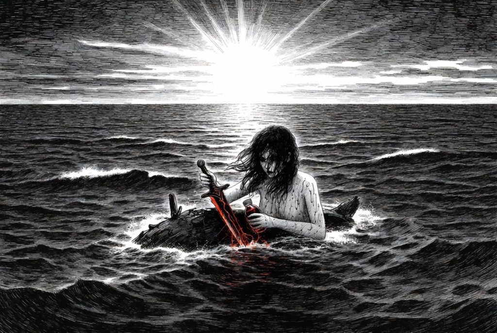 Lila drifts alone on wreckage in the vast ocean, clutching the glowing red obsidian dagger and a small bottle. The sun blazes overhead in this dramatic black and white illustration with red accents from The Land of Time.