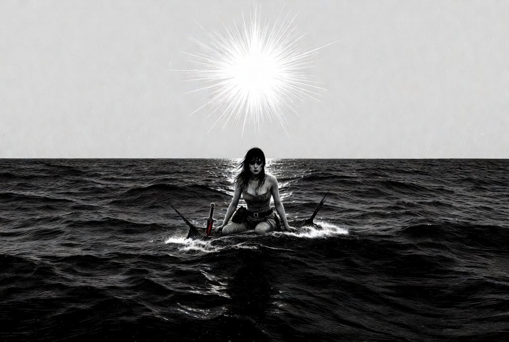 Lila sits alone on a small piece of ship debris floating in the vast open ocean under a blazing sun. She looks exhausted and determined, with the obsidian dagger and her satchel beside her. Dramatic black and white illustration from The Land of Time.