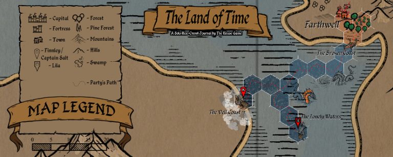 Hex map header for Session 9 of The Land of Time. The party’s path is shown with red pins near The Veil Coast and The Lonely Waters. Wreckage and a sea serpent are visible. Full map legend on the left.