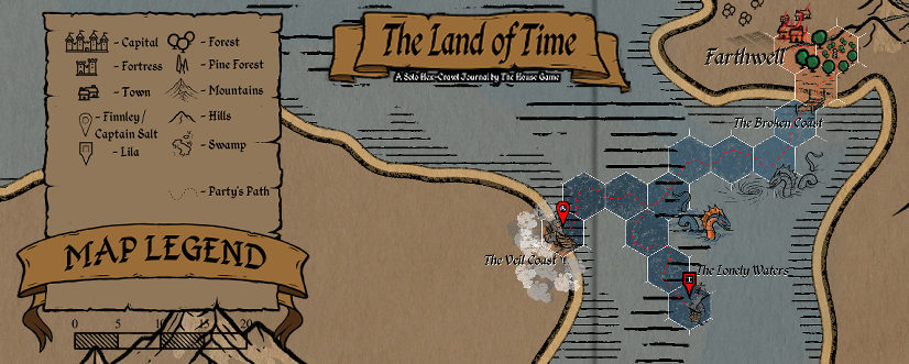 Hex map header for Session 9 of The Land of Time. The party’s path is shown with red pins near The Veil Coast and The Lonely Waters. Wreckage and a sea serpent are visible. Full map legend on the left.