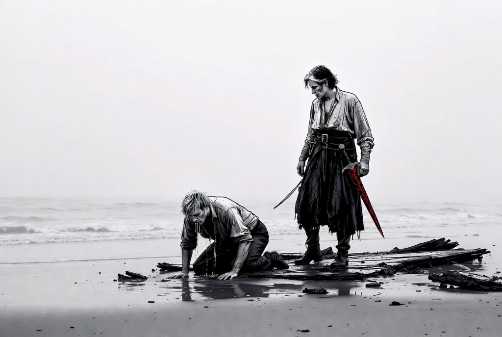 Finnley collapses exhausted on his hands and knees on a piece of wreckage washed up on a foggy beach. Captain Salt stands over him holding the glowing red obsidian dagger. Dramatic black and white illustration with red accents from The Land of Time.