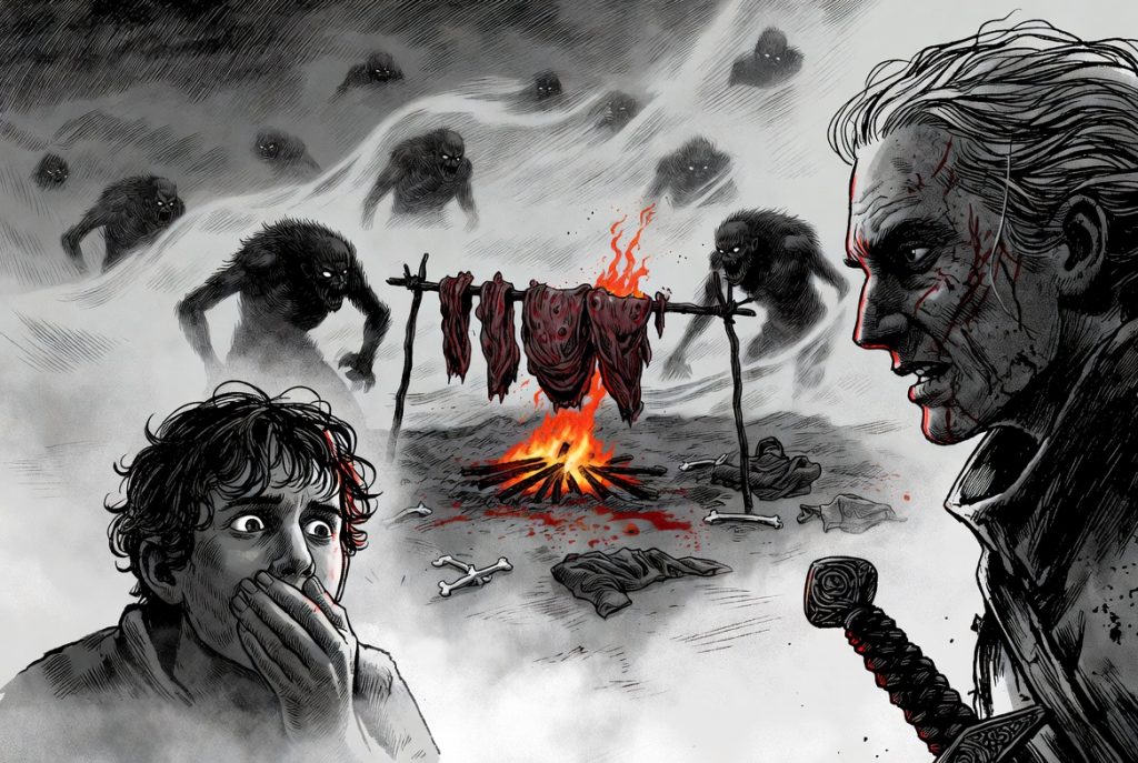 Finnley stares in horror at a gruesome cannibal camp on the beach. An older scarred man holds the glowing red obsidian dagger while meat roasts over a fire surrounded by bones and shadowy monstrous figures in the mist. Dramatic black and white illustration with red accents from The Land of Time.