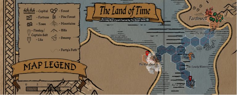 Hex map header for Session 10 of The Land of Time. Red pins mark the party's locations at The Veil Coast shipwreck and Razor Reef. A sea serpent swims nearby with the full map legend on the left.