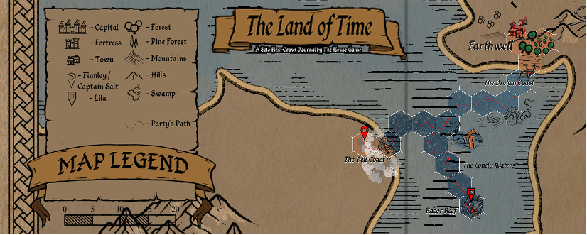 Hex map header for Session 10 of The Land of Time. Red pins mark the party's locations at The Veil Coast shipwreck and Razor Reef. A sea serpent swims nearby with the full map legend on the left.
