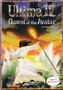 Original boxed edition of Ultima IV: Quest of the Avatar for the Commodore 64. Classic fantasy cover art showing the Avatar holding a glowing ankh against a dramatic sunset.