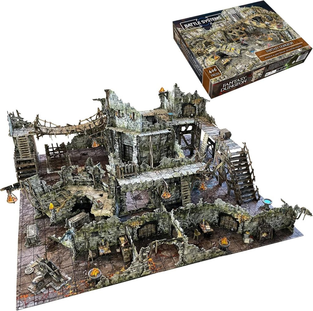 Battle Systems Fantasy Dungeon terrain set fully assembled on a gridded table, showing detailed ruins, bridges, stairs, and modular dungeon pieces with the original product box in the background.