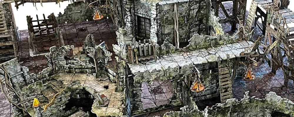 Battle Systems Fantasy Dungeon terrain set fully assembled on a gridded table, showing detailed ruins, bridges, stairs, and modular dungeon pieces with the original product box in the background.