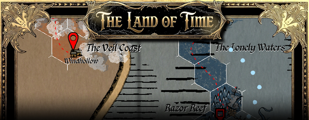 Ornate gilded header banner for Session 14 of The Land of Time. Features a detailed hex map showing Windhollow, The Veil Coast, The Lonely Waters, and Razor Reef with red location markers.