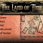 Ornate dark fantasy map of the cellar beneath the haunted farmhouse on Razor Reef. Black and white hand-drawn layout showing broken crates, an altar, stairs, and ritual elements on a cracked stone floor, framed with elegant gold and black borders under the title "The Land of Time."