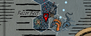 Hex map from Session 11 showing Razor Reef with a red marker pin. Detailed black and white hand-drawn map featuring rocky terrain, small structures, and illustrations of a sea serpent in the surrounding waters.