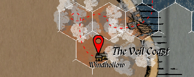 Hex crawl map of the Veil Coast showing the newly discovered village of Windhollow marked with a red pin. Part of The Land of Time solo campaign journal.