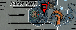 Hex map of Razor Reef with a red pin marking Lila’s exact landing spot after washing ashore. The jagged black coastline, Cultist Base, and a massive orange Sea Serpent coiled in the nearby waters are clearly visible for Session 13 of The Land of Time.