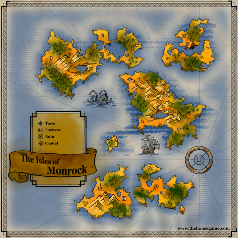 Fantasy map of The Isles of Monrock, a chain of islands with mountains, forests, towns, fortresses, and ruins. Features a sailing ship, sea monster, compass rose, and ornate gilded border. Part of The Land of Time Map Library.
