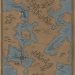Full overview map of The Land of Time, a hand-drawn fantasy hex-crawl world. Features mountains, forests, rivers, settlements including Farthwell, and the party's current path marked in red across Razor Reef and surrounding waters. Vintage parchment style with compass and detailed legend.