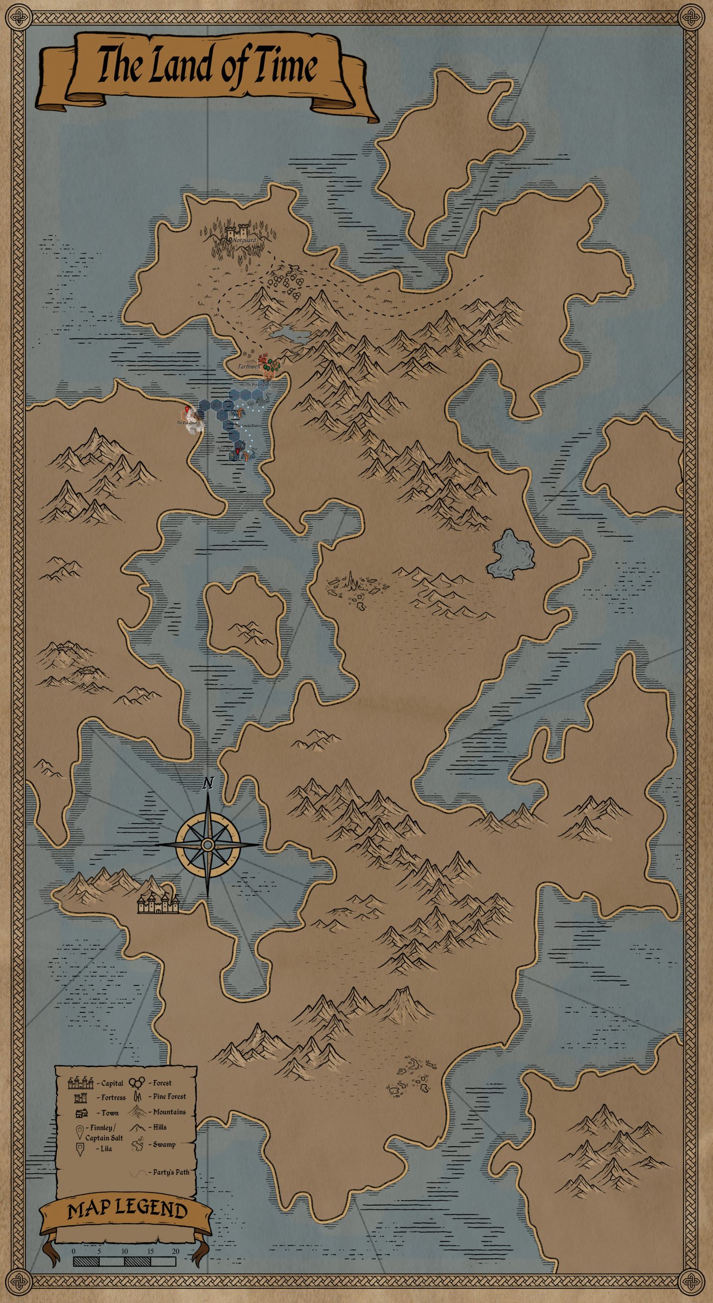 Full overview map of The Land of Time, a hand-drawn fantasy hex-crawl world. Features mountains, forests, rivers, settlements including Farthwell, and the party's current path marked in red across Razor Reef and surrounding waters. Vintage parchment style with compass and detailed legend.