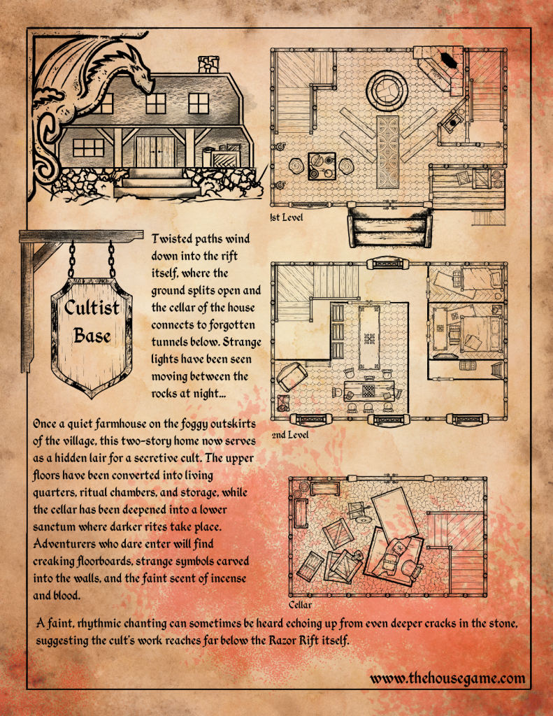 Fantasy map of a two-level Cultist Base hidden in the Razor Reef. Includes detailed floor plans for the 1st level, 2nd level, and cellar.