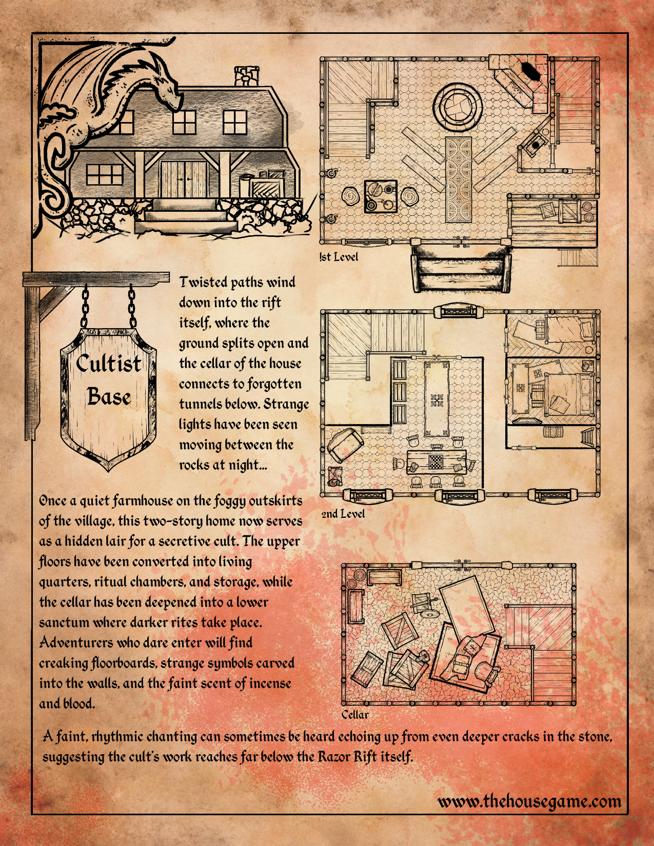 Fantasy map of a two-level Cultist Base hidden in the Razor Reef. Includes detailed floor plans for the 1st level, 2nd level, and cellar.