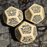 Cream-colored chunky dice with black symbols for terrain and weather effects, including Heat Wave, Blizzard, Tornado, Storm, Windy, Wastes, Hills, and Savanna.
