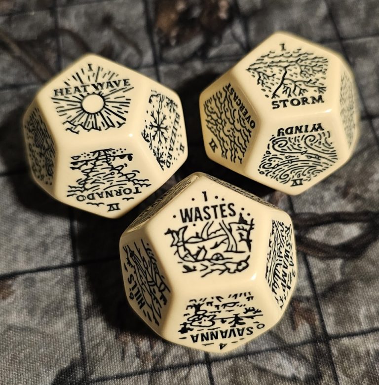Cream-colored chunky dice with black symbols for terrain and weather effects, including Heat Wave, Blizzard, Tornado, Storm, Windy, Wastes, Hills, and Savanna.