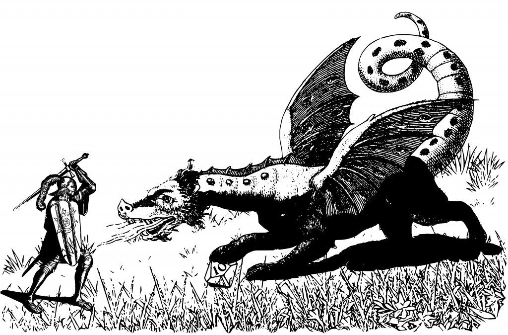 Black and white illustration of a brave knight facing a massive dragon like creature. The dragon has a large d10 die under its claw, symbolizing the Tiny d10 roleplaying game.