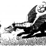 Black and white illustration of a brave knight facing a massive dragon like creature. The dragon has a large d10 die under its claw, symbolizing the Tiny d10 roleplaying game.