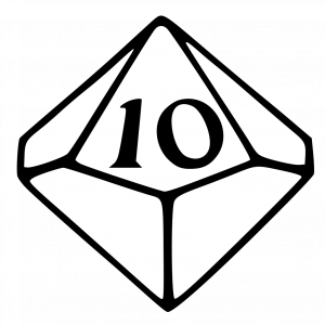 Black and white logo of Tiny d10; a bold, stylized 10-sided die with the number 10 prominently displayed in the center.