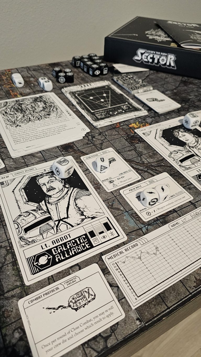 Escape the Dark Sector game setup on a textured gaming mat. Shows character cards including Lt. Abbott, dice, equipment cards, and the game box in the background. Dark sci-fi atmosphere with crew records and mission cards laid out for play.