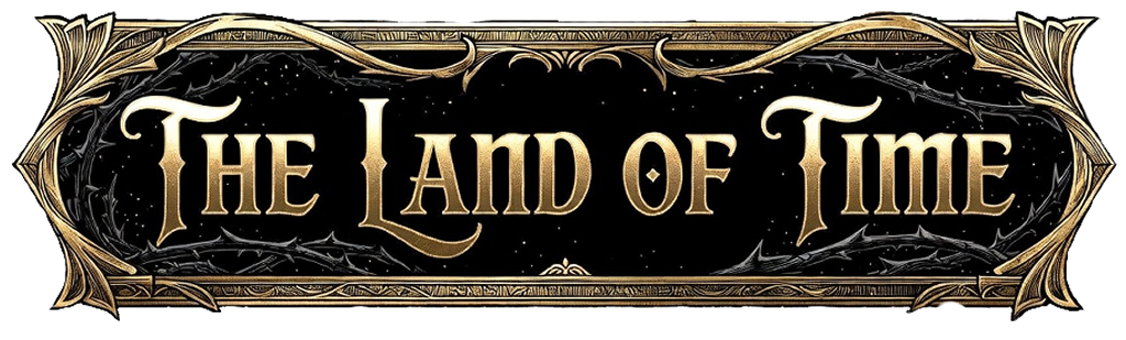 A vintage parchment-style banner featuring the title 'The Land of Time' in bold fantasy lettering. Below it reads 'A Solo Hex-Crawl Journal by The House Game' on a rolled scroll design.