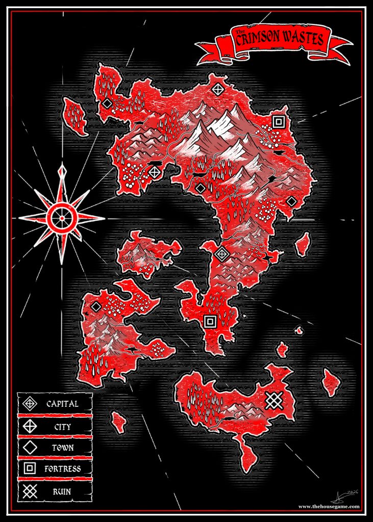 High-contrast fantasy map of The Crimson Wastes showing red landmasses with white mountain highlights on a black background, featuring a red compass rose, legend, and marked locations including ruins and fortresses.